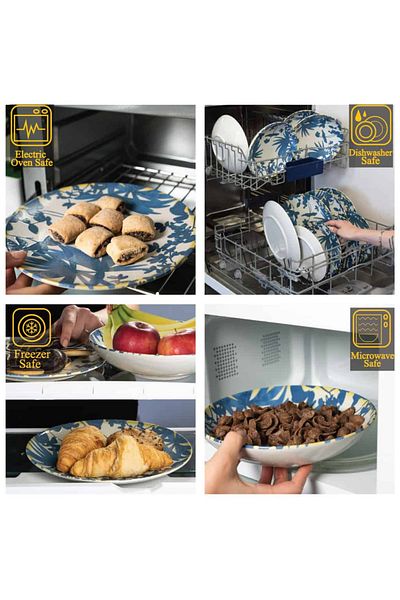 Cesiro 12-piece plate set, for 4 people, Hawaii, Cesiro, Ivory White with dark blue leaves