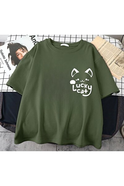 Minga London Μπλουζάκι Khaki Cat Lovers Sweety μπροστά/πίσω με στάμπα Oversize -Mingalondon