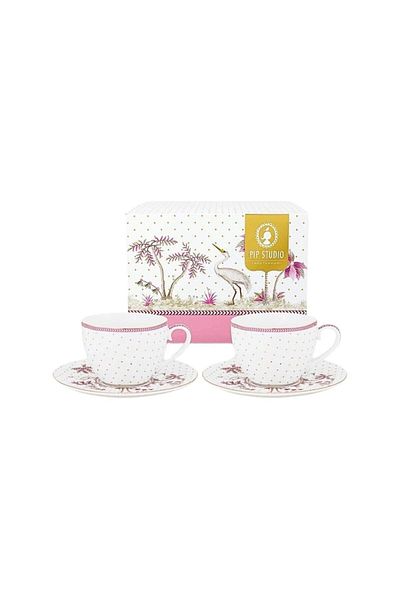 Pip Studio Set 2 căni cu farfurioare, din porțelan, Pip Studio, Dots Gold Pink, 280 ml, colecția Jolie