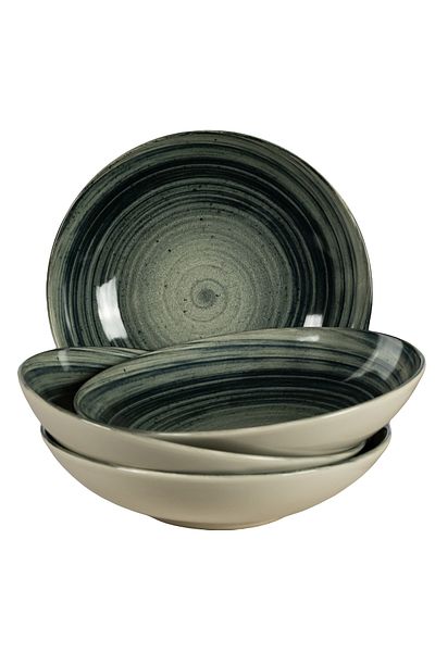 Cesiro Set of 4 deep plates, 21 cm, Whirlwind, Cesiro, Made in Romania, Ivory White with Black