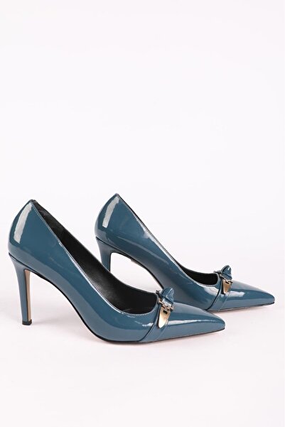 Hayati Arman Women's Buckle Detailed Heeled Shoes Petrol Patent Leather