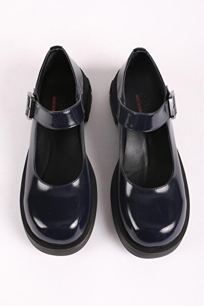 Hayati Arman Women's Single Strap Thick Soled Ballerinas Navy Blue Patent Leather