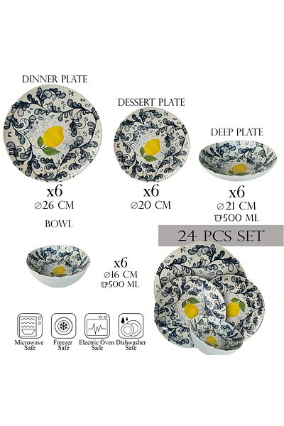 Cesiro 24-piece plate set, 6 people - Ensemble Limone Elegante - Italian Porcelain Dinnerware Set