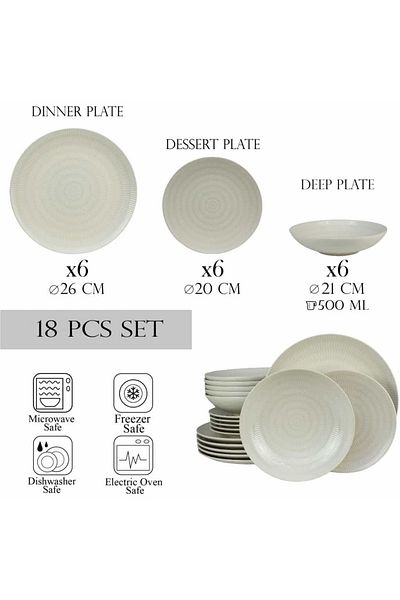 Cesiro 18-piece plate set, for 6 people, Ivory, Cesiro, White Ivoire with lines