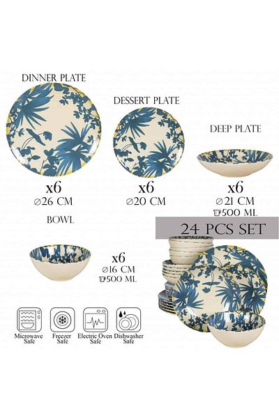 Cesiro 24-piece plate set, for 6 people, Hawaii, Cesiro, Ivory white with dark blue leaves