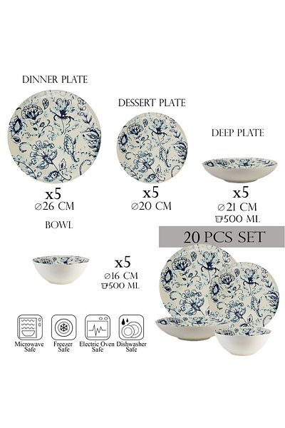Cesiro 20-piece plate set, 5 people - Ensemble Gloria Azzurra - Italian Porcelain Dinnerware Set