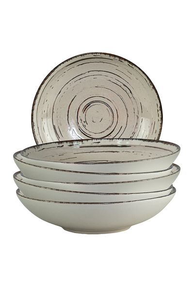 Cesiro Set of 6 deep plates, 21 cm, Stone, Cesiro, Made in Romania, Ivoire White with brown lines