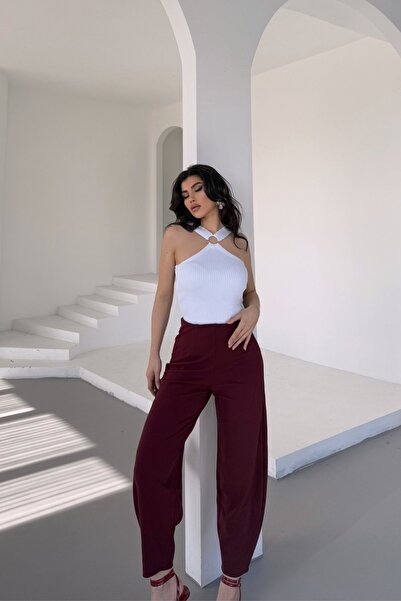 Stil Reyonu Krep Kumaş En-Boy Likralı Kemersiz Balon Pantolon