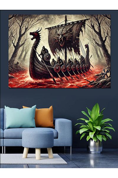 Tablomega Viking Ship And Warriors Canvas Decorativ - MDF Lemn