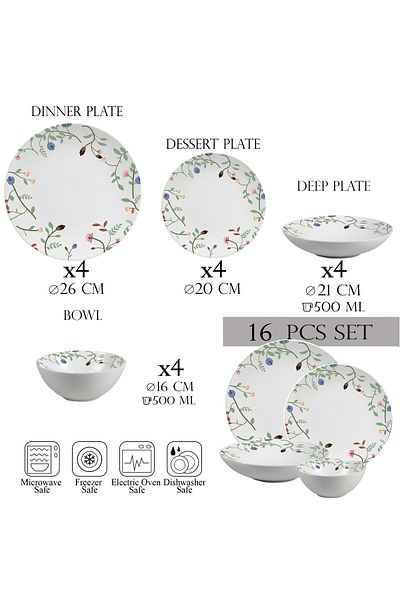 Cesiro 16-piece plate set, 4 people - Insieme Fiori Eleganti - Italian Porcelain Dinnerware Set