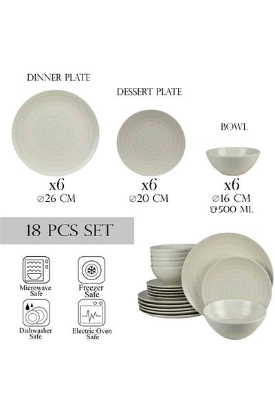 Cesiro 18-piece plate set, for 6 people, Ivory, Cesiro, Glossy Ivoire White with lines