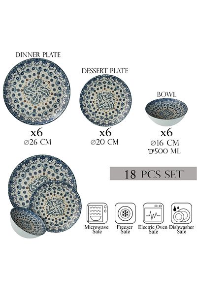 Cesiro 18-piece plate set, 6 people, bowl set-Ensemble Serenità Blu - Italian Porcelain Dinnerware Set