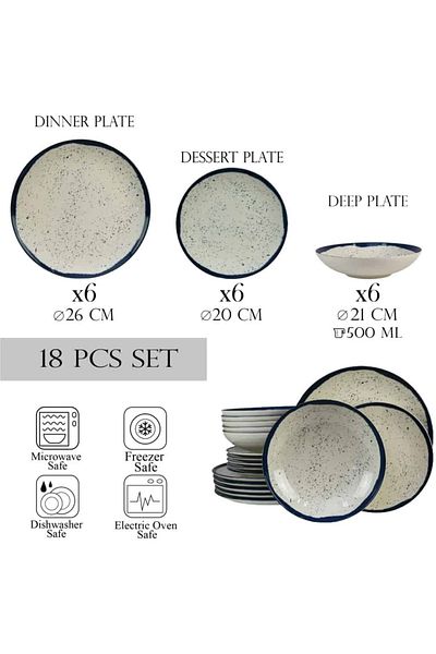 Cesiro 18-piece plate set, for 6 people, Anchor, Cesiro, Cream with blue edge and dots