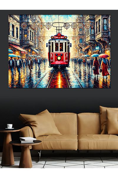 Tablomega Red Tram in the Rain Canvas Decorativ - Tablou din lemn MDF