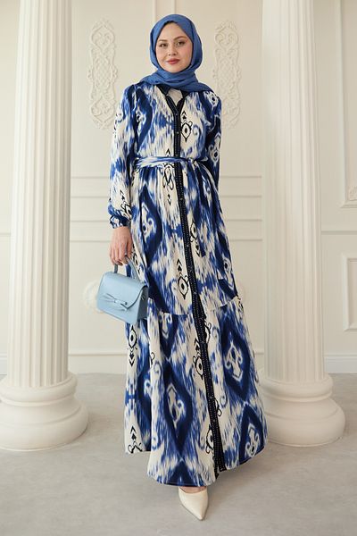 InStyle Rochie din viscoză albastră Saks cu model etnic cu puncte în față