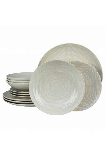 Cesiro 12-piece plate set, for 4 people, Ivory, Cesiro, White Ivoire with lines