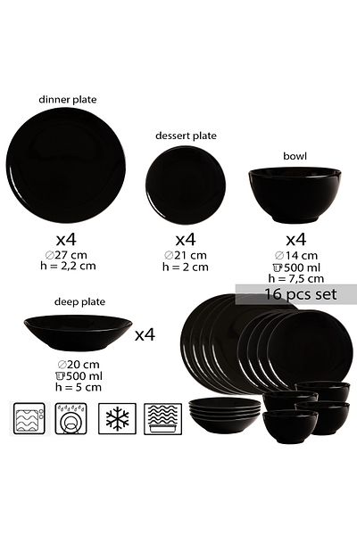 Cesiro 16-piece plate set, for 4 people, Abyss, Cesiro, Glossy Black