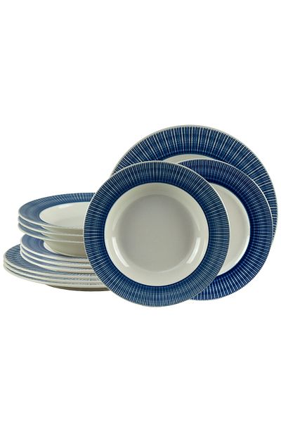 Cesiro 12-piece plate set, for 4 people, Ivory, Cesiro, White Ivoire with blue