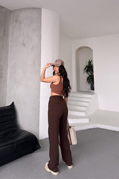 Stil Reyonu Krep Kumaş En Boy Likralı Çift Flato Cep Detaylı Palazzo Pantolon