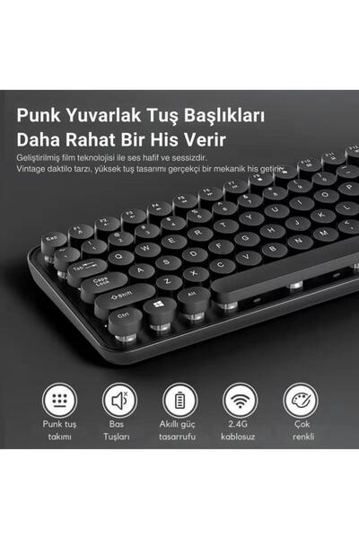 Polham 2.4ghz Kablosuz Retro Klavye Ve Mouse Seti, Tak Çalıştır Tüm Cihazlara Uyumlu Klavye Mouse Se