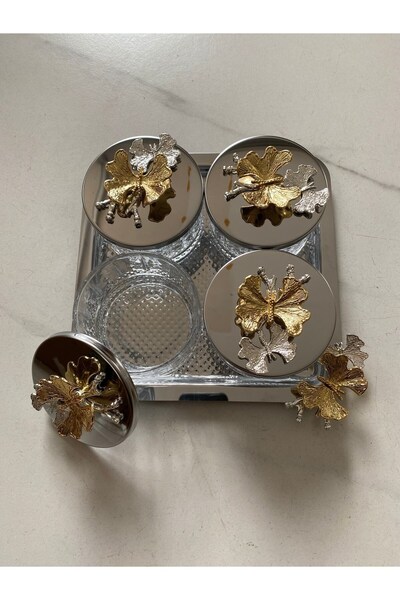 Fiyakalı Ürünler Atölyesi Silver Square Tray, Lidded 4-Piece Elysia Glass Bowl - Magnolia, Snack, Spice, Ice Cream Bowl