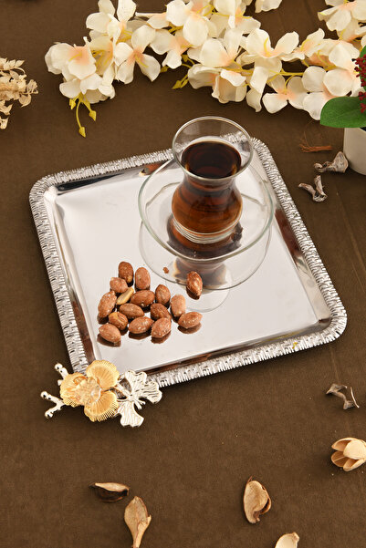 AKSESUAR EVRENİ Sento Paslanmaz Kare Desenli Dallı Taş Detaylı Sunum Tepsisi ...