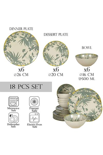 Cesiro 18-piece plate set, for 6 people, Hawaii, Cesiro, Ivory white with gray leaves