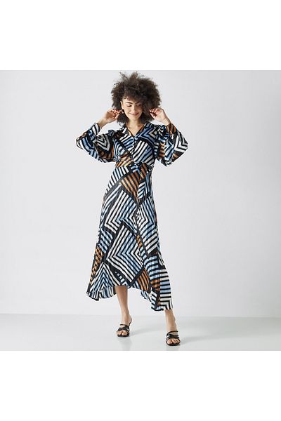 FAV All-Over Print Asymmetric Shirt Dress with Tie-Up Belt