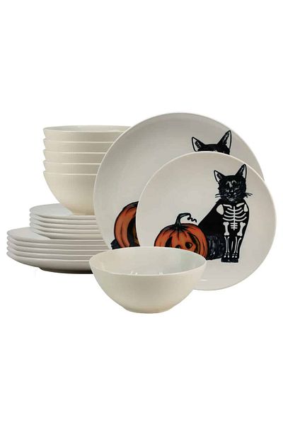 Cesiro 18-piece plate set, for 6 people, Skeleton Kitty, Cesiro, Ivory White with Cat