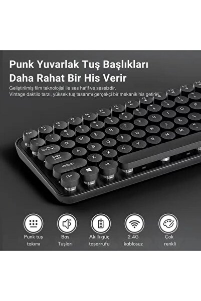 Polham 2.4ghz Kablosuz Retro Klavye Ve Mouse Seti, Tak Çalıştır Tüm Cihazlara Uyumlu Klavye Mouse Se