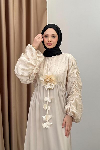 QUQA Jacquard Satin Dress - Beige