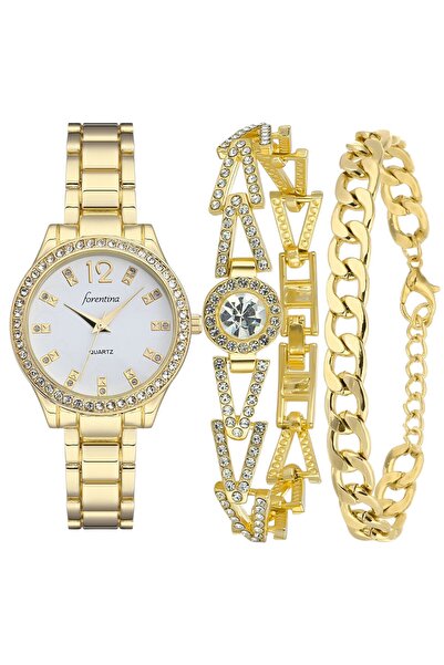 Forentina Gold Metal Kol Saati-2li Taşlı Bileklik Kombin PS3942