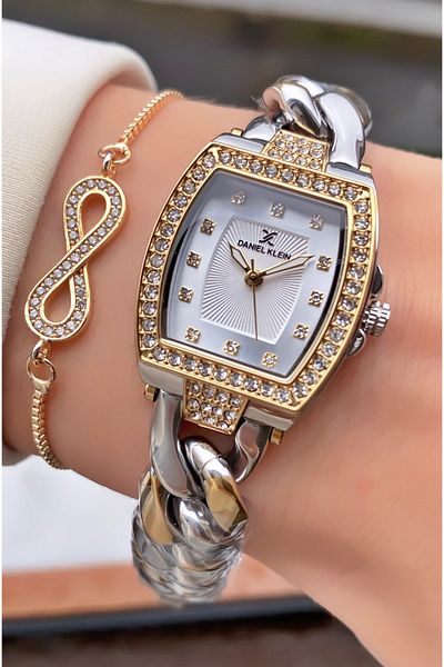 Daniel Klein Yellow Silver Color Rectangular Case - Women's Wristwatch - Bracelet Gift
