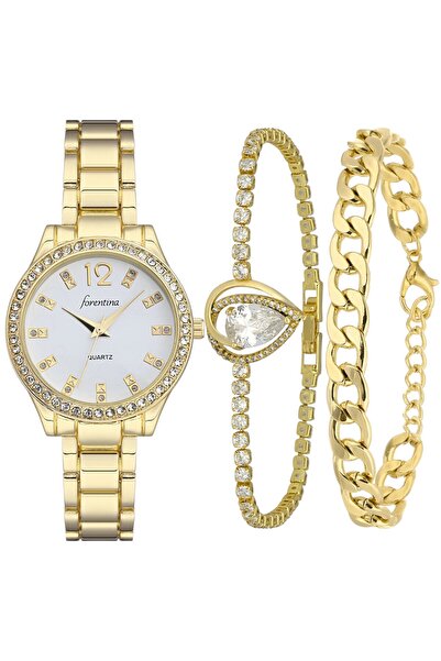 Forentina Gold Metal Kol Saati-Beyaz Taşlı 2li Bileklik Kombin Set PS4034