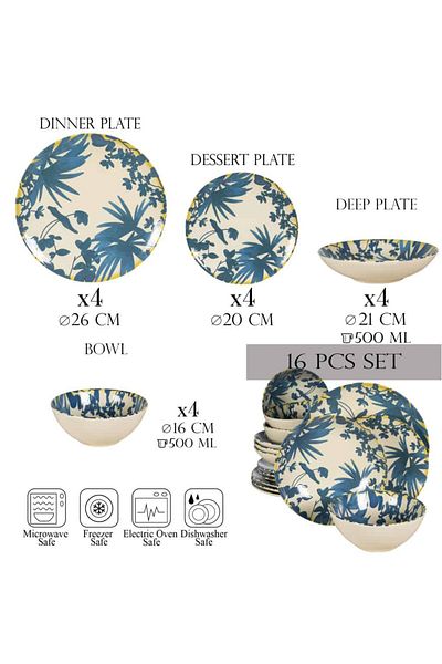 Cesiro 16-piece plate set, for 4 people, Hawaii, Cesiro, Ivory white with dark blue leaves