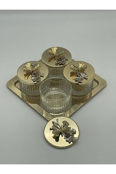 Fiyakalı Ürünler Atölyesi Gold Square Tray, 4-Piece Elysia Glass Bowl with Lid - Magnolia, Snack Bowl, Spice Bowl, Ice Cream Bowl