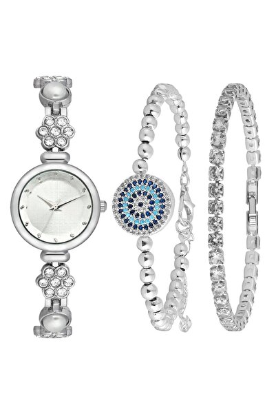 Forentina Gri İncili Kol Saati-Nazar Boncuklu 2li Bileklik Kombin Set PS4015