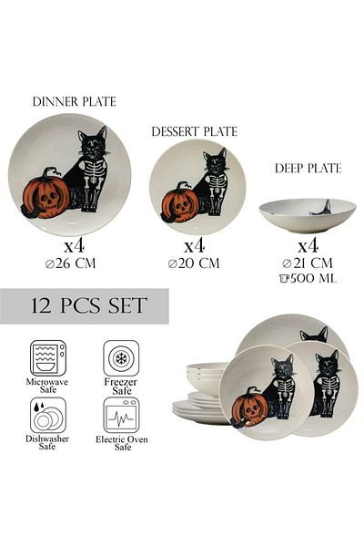 Cesiro 12-piece plate set, for 4 people, Skeleton Kitty, Cesiro, Ivoire with Cat