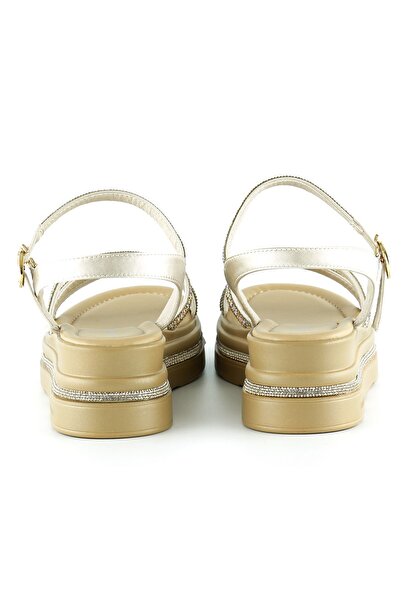Erkan Saçmacı Beige Satin Gold Crystal Stone Platform Sandals
