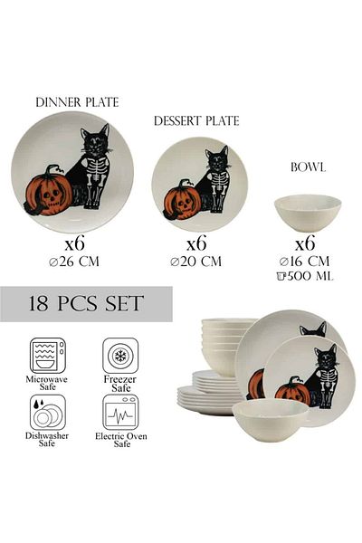 Cesiro 18-piece plate set, for 6 people, Skeleton Kitty, Cesiro, Ivory White with Cat