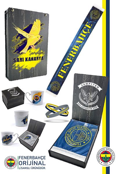 Fenerbahçe Γνήσιο Αδειοδοτημένο Song You FB Σετ κασκόλ, κούπα και βραχιόλι με ξύλινο κουτί