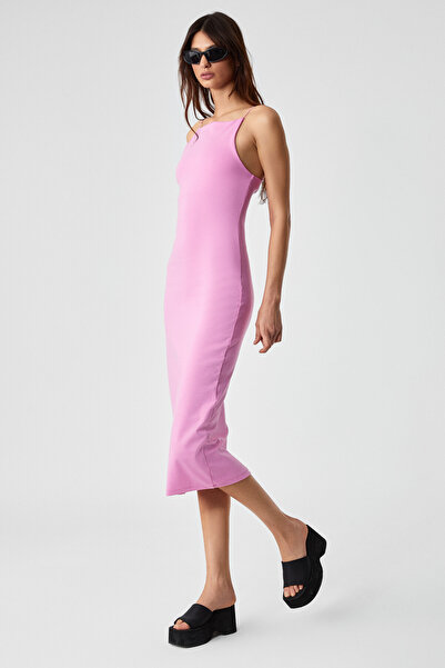 GRIMELANGE Havvolıne Women's Pool Collar Slim Fit Sleeveless Pink Dress