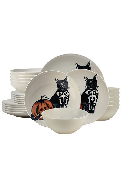 Cesiro 24-piece plate set, for 6 people, Skeleton Kitty, Cesiro, Ivoire with Cat