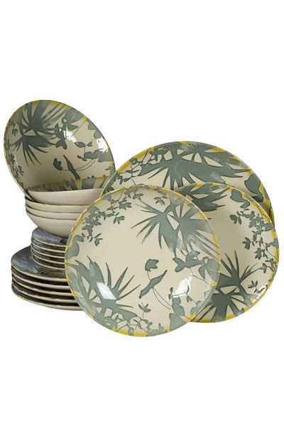 Cesiro 16-piece plate set, for 4 people, Hawaii, Cesiro, Ivory white with gray leaves