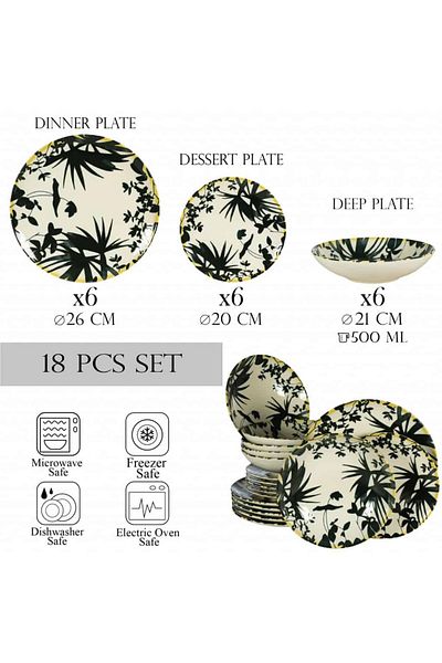Cesiro 18-piece plate set, for 6 people, Hawaii, Cesiro, Ivory white with black leaves