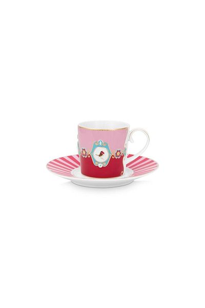 Pip Studio Espresso Cup With Saucer, , 200ml, Red And Pink, Love Birds Collection