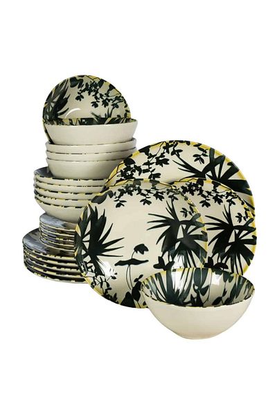 Cesiro 24-piece plate set, for 6 people, Hawaii, Cesiro, Ivory White with black leaves