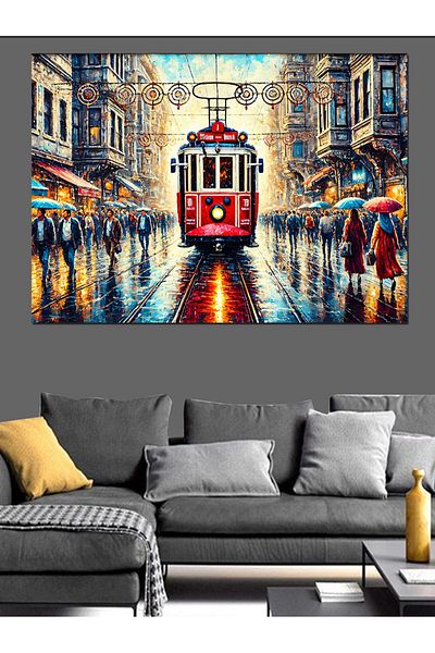 Tablomega Red Tram in the Rain Canvas Decorativ - Tablou din lemn MDF