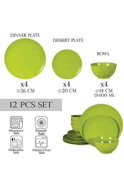 Cesiro 12-piece plate set, for 4 people, Lime Juice, Cesiro, Matte Green with black dots