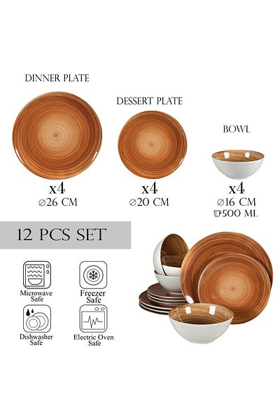 Cesiro 12-piece plate set, for 4 people, Earth, Cesiro, Glossy Ivoire White with Brown